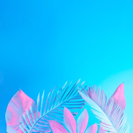 Tropical leaves in vibrant bold gradient holographic neon  colors