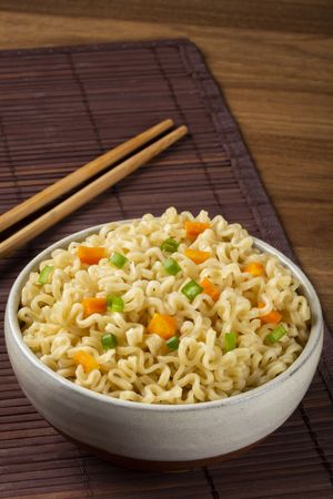 Bowl with instant noodles on the table.