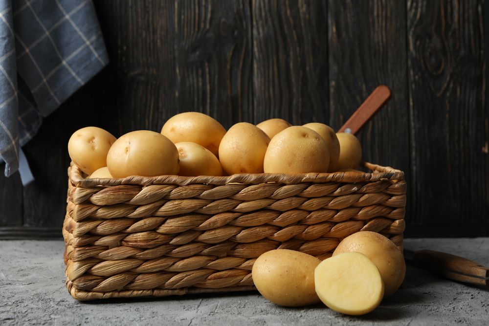 Wicker box of potatoes in dark room, copy space
