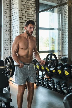 Bearded man exercising with barbell in gym