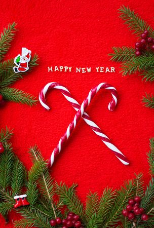 Christmas tree and candy on a red background with the words Happy New Year