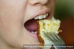 Girl biting into breakfast on fork bGRMLX