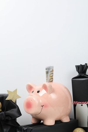 Concept of Christmas finance with piggy bank, space for text