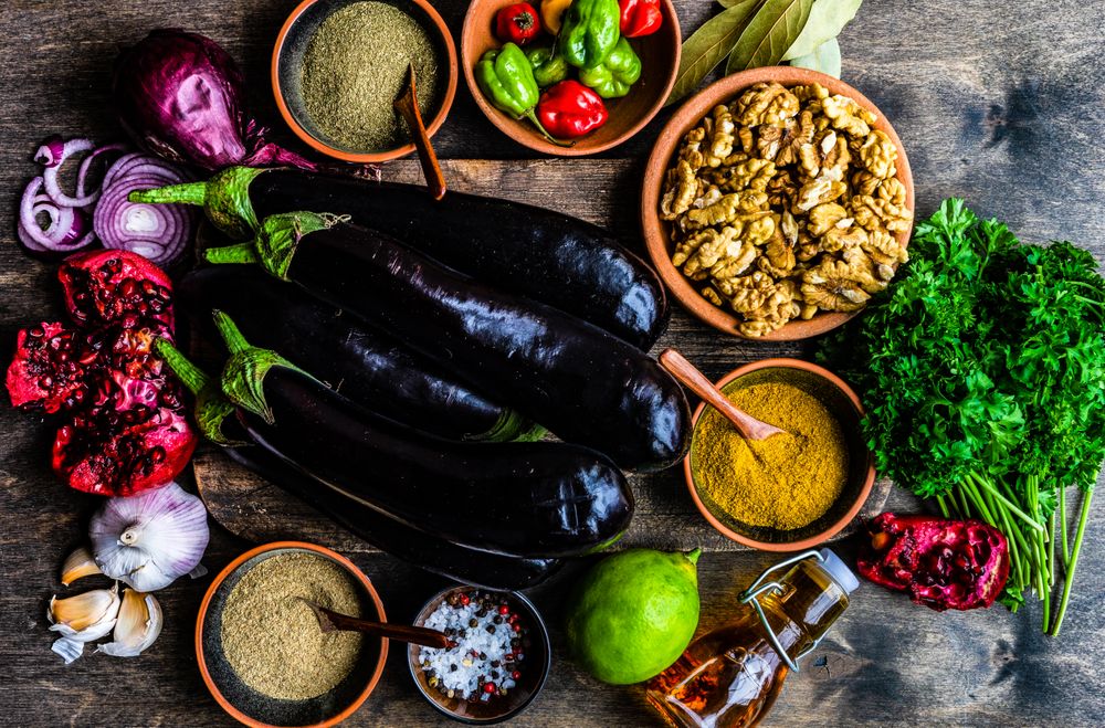 Georgian food cooking concept with spices and egg plant