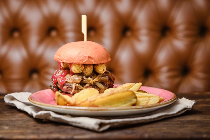 Tasty hamburger served in restaurant