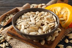 Concept of Autumn vibe food, Pumpkin, Pumpkin seeds