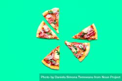 Pizza prosciutto slices minimalist on a green background 5z3Dm4