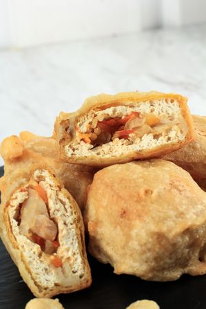 Close up of Indonesian fried stuffed tofu