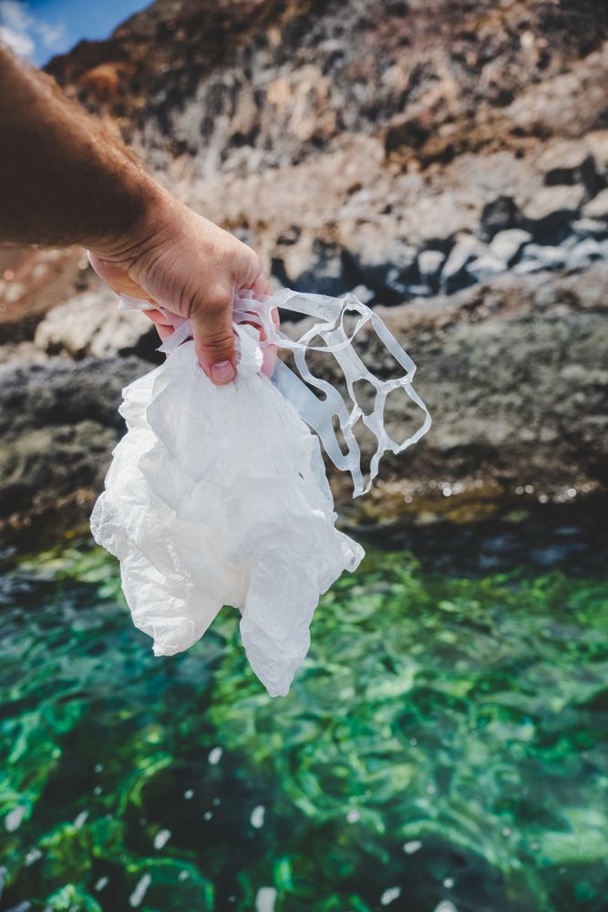 Crop man pulling plastic bag out of water
