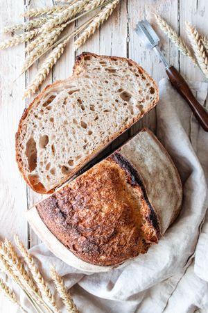 Rye bread on tablecloth