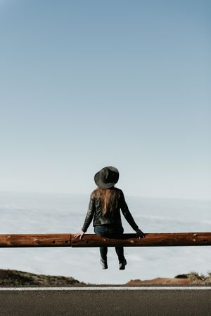 Woman on fence on hill