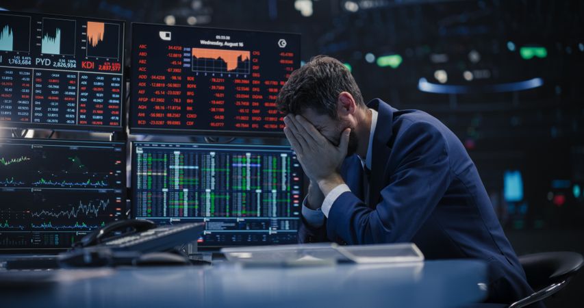 Stressed Stock Exchange Trader Can't Apprehend a Sudden Stock Market Collapse.