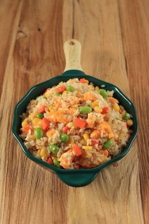 Yangzhou Chinese Fried Rice on Wooden Table