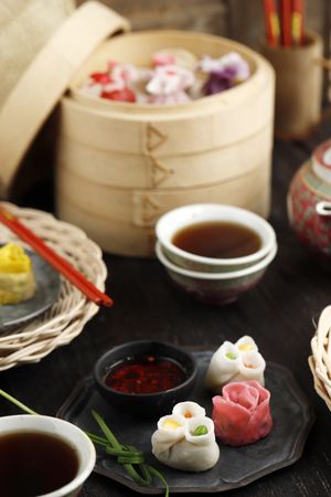 Colorful Dimsum Chinese Dumpling Served with Chilli Oil
