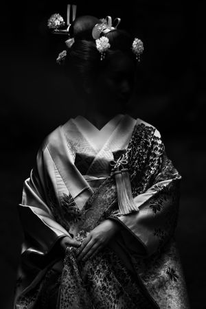 Grayscale photo of woman wearing full on kimono