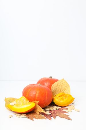 Concept of Autumn vibe food, Pumpkin, Pumpkin seeds, space for text