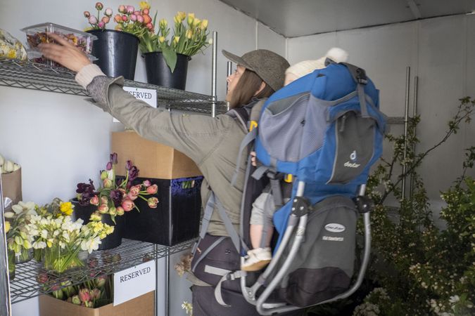Gardeners preparing fresh flowers for market with baby on back