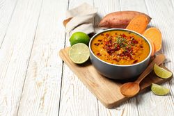 Concept of tasty food, sweet potato puree, space for text