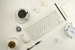 Business Workplace with Computer Peripherals and Stationery Items Flatlay