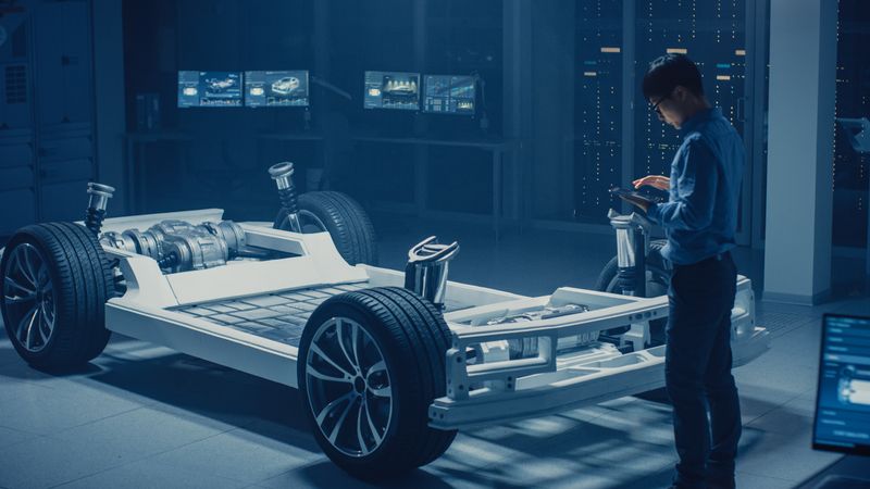 Automobile Engineer Working on Electric Car Chassis Platform, Using Tablet Computer Augmented Reality with 3D CAD Software Modelling