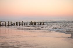 Calm sea on background of pink sky