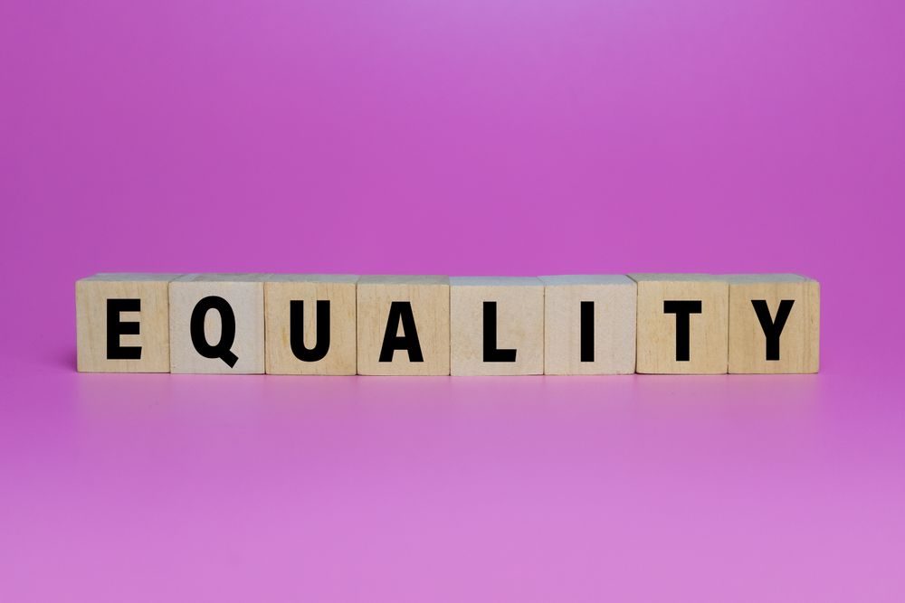 equality words on wooden blocks isolated on pink background