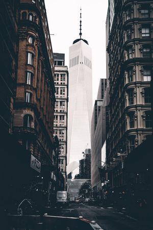 Grayscale photo of road between city buildings