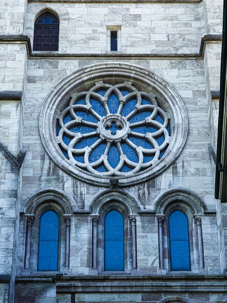 A close-up of the facade of Saint Peter's Cathedral, Geneva