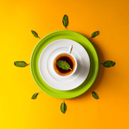 Tea in a cup with green leaves  on orange background