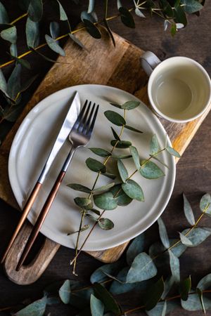 Top view of grey plate with eucalyptus leaves