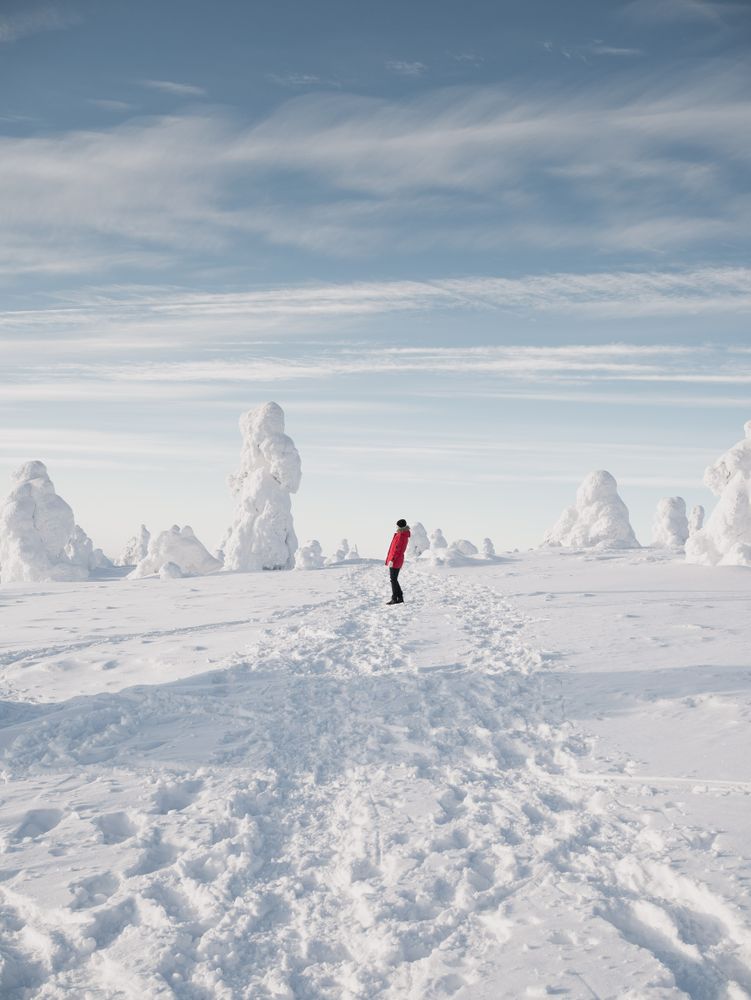 Person in red jacket standing on snow covered ground
