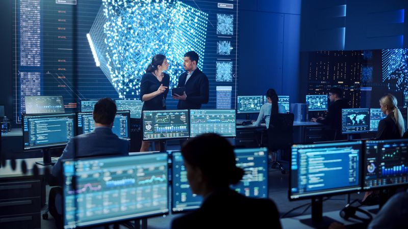 Diverse Team Collaborates in a High-tech Control Room, Analyzing Data on Multiple Screens for Cybersecurity
