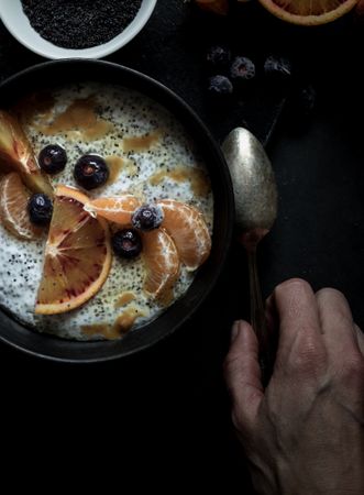 Chia seeds pudding with citrus in bowl
