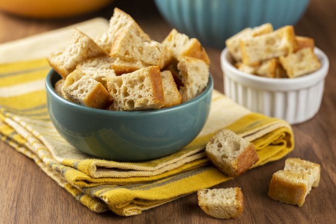 Delicious crunchy croutons on the table.
