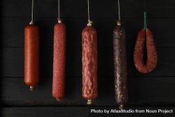 Variety of sausages hanging in a row bxkza4