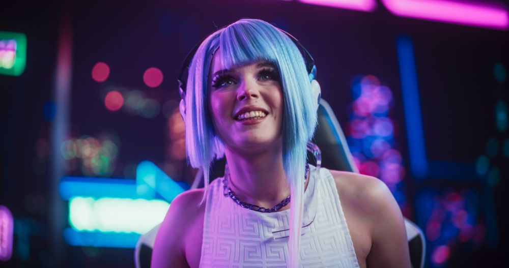 Young Female Playing Internet Video Game with Other Players