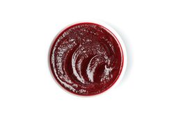 Looking down at bowl of beetroot soup or borscht in blank studio shoot