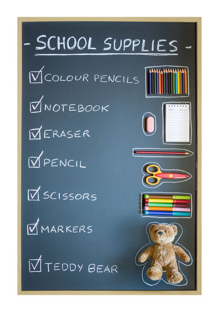 School supplies over chalkboard background