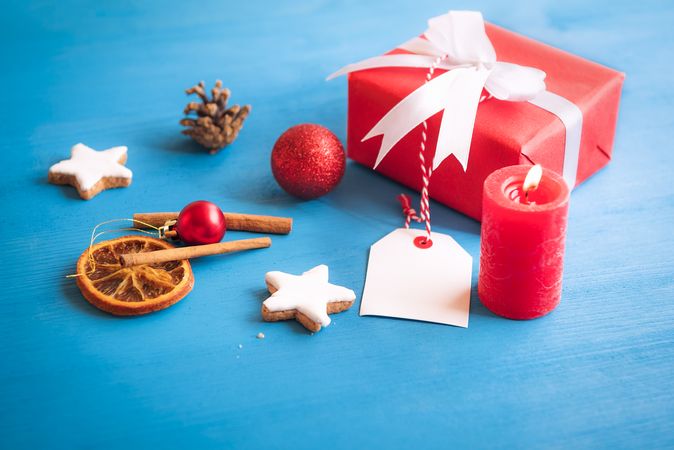 Christmas ornaments and red gift