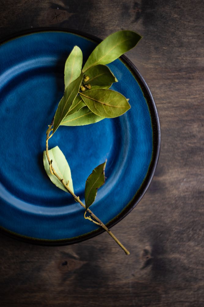 Rustic table setting with bay laurel leaves on wooden table with copy space