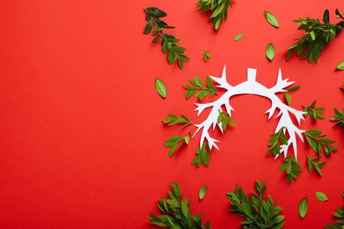 Lung bronchus on red background with ribbon and green foliage with copy space