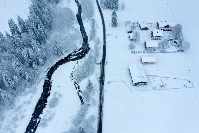 Snow-covered mountain valley, drone aerial view in the Allgau Alps, Germany