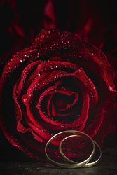 Red roses with dark background with wedding ring