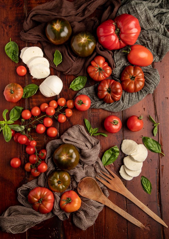 Salad ingredients on board and napkin