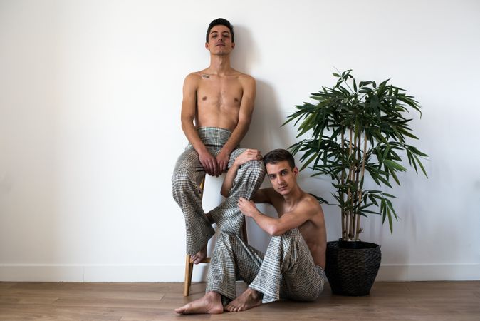 Stylish shirtless gay couple posing