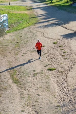 Looking down at male jogging in the park, vertical