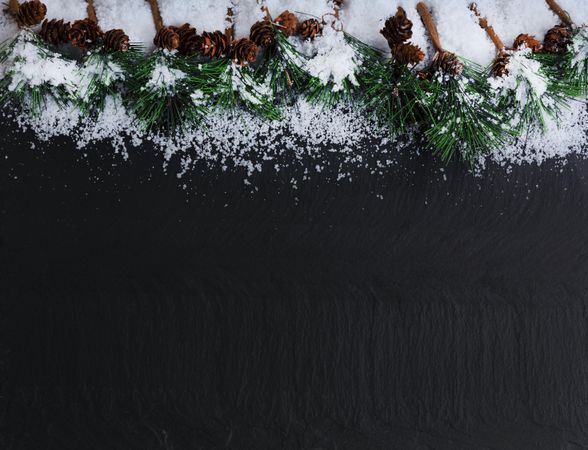 Christmas top border on dark stone with snow and evergreen branches