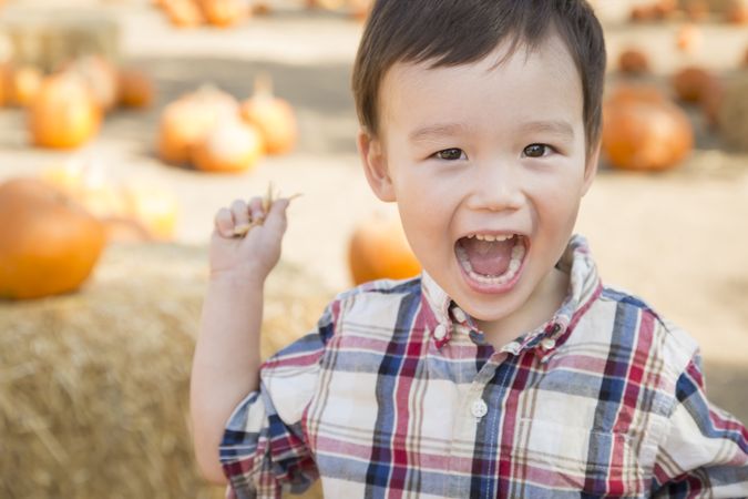 Joyful Young Boy Having Fun at the Pumpkin Patch