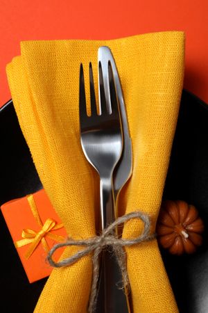 Concept of Thanksgiving day, Autumn table setting, close up