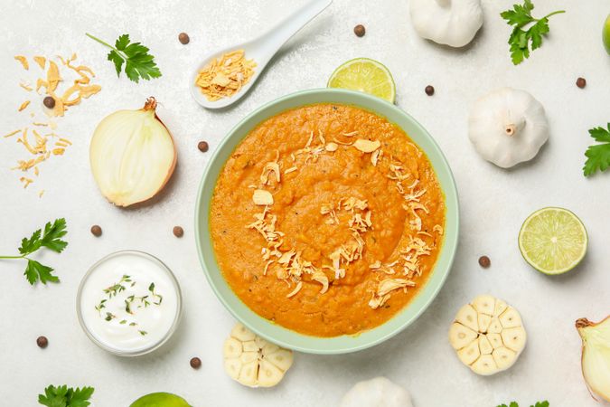 Concept of tasty food, sweet potato puree, top view